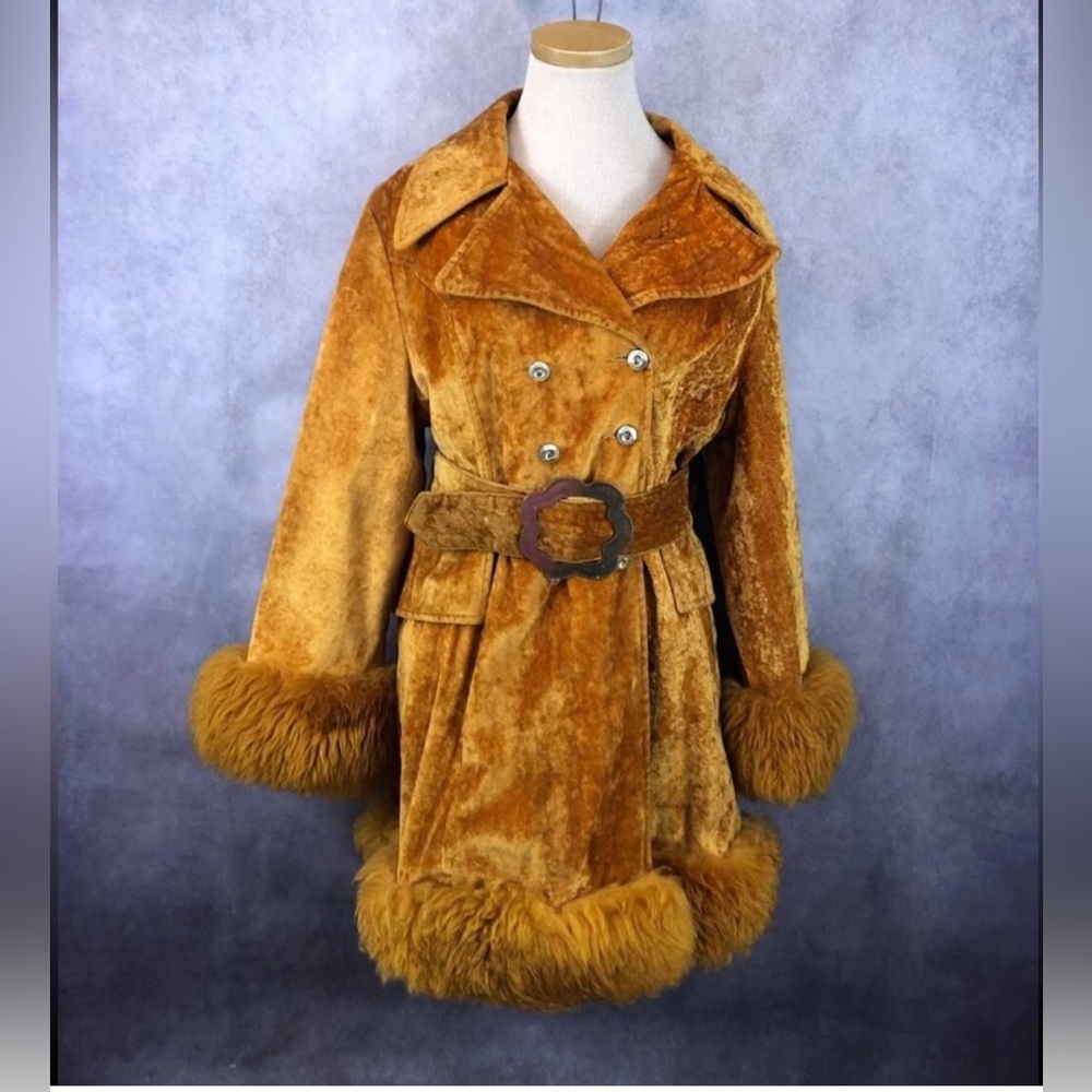 Vintage 60s Union Made Orange Velvet And Faux Fur Trim Penny Lane Coat